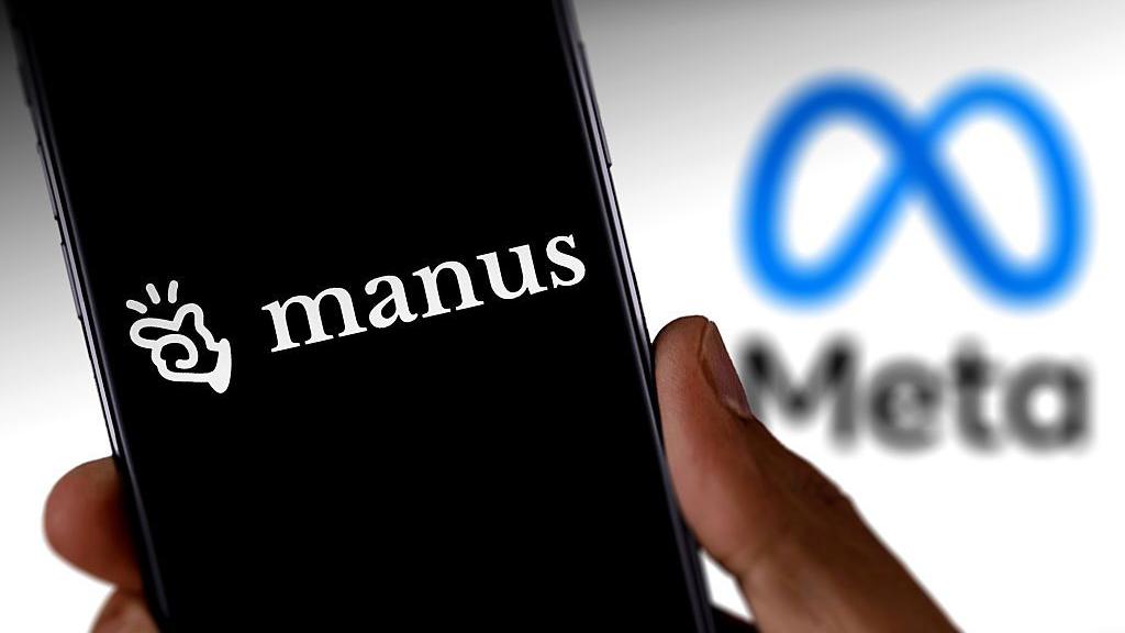 a screenshot of a phone screen showing the Manus logo, with a hand icon. The phone is held in front of a projected Meta logo.