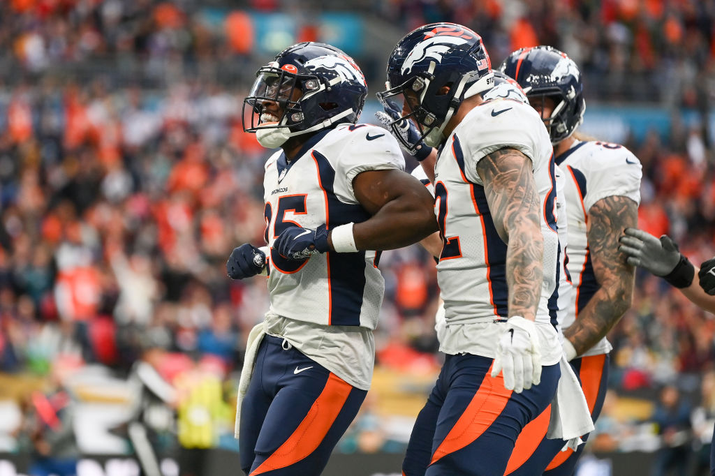 London, UK. 30th Oct, 2022. Jacksonville Jaguars Tight End Evan Engram  celebrates a touchdown in their match against Denver Broncos in the NFL  International Series game at Wembley in London on Sunday